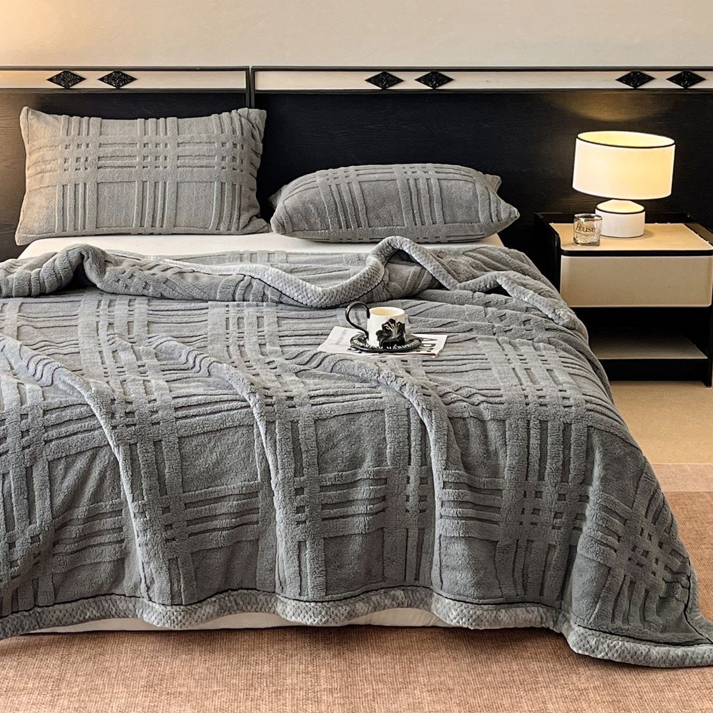 European Union Fur Wool Blanket | 3D Embossed Checkered Plus Design | 230*200cm (1.6kg) | Dark Gray