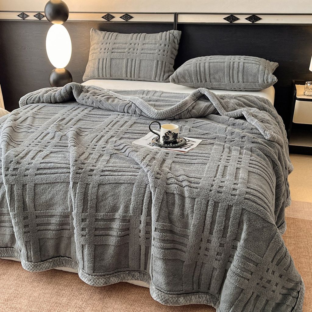 European Union Fur Wool Blanket | 3D Embossed Checkered Plus Design | 230*200cm (1.6kg) | Dark Gray