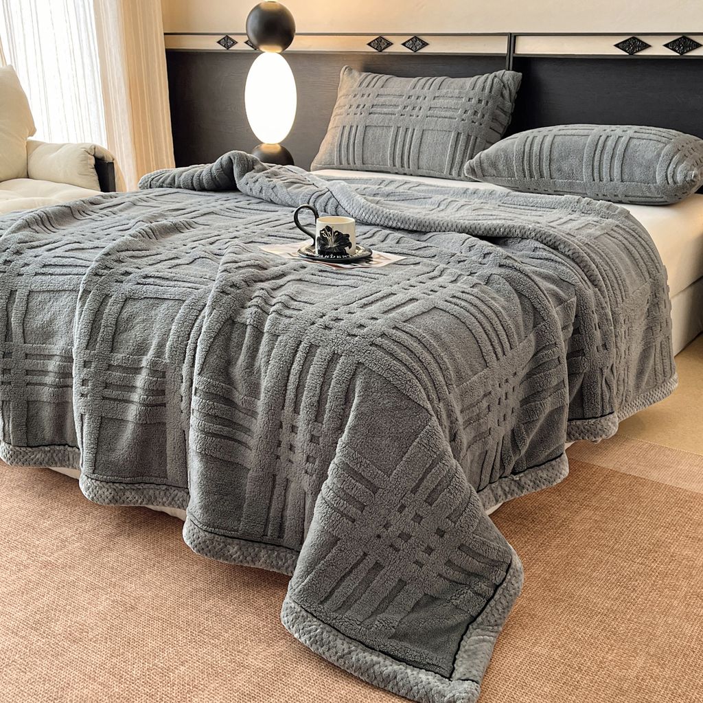 European Union Fur Wool Blanket | 3D Embossed Checkered Plus Design | 230*200cm (1.6kg) | Dark Gray