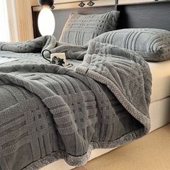 European Union Fur Wool Blanket | 3D Embossed Checkered Plus Design | 230*200cm (1.6kg) | Dark Gray