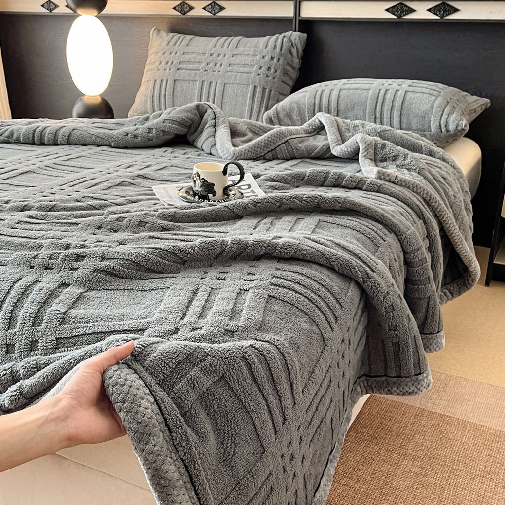 European Union Fur Wool Blanket | 3D Embossed Checkered Plus Design | 230*200cm (1.6kg) | Dark Gray