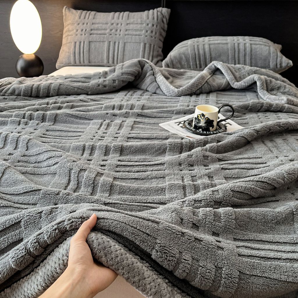 European Union Fur Wool Blanket | 3D Embossed Checkered Plus Design | 230*200cm (1.6kg) | Dark Gray