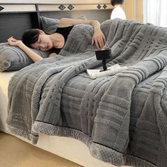 European Union Fur Wool Blanket | 3D Embossed Checkered Plus Design | 230*200cm (1.6kg) | Dark Gray