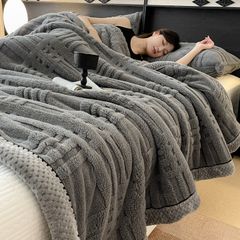 European Union Fur Wool Blanket | 3D Embossed Checkered Plus Design | 230*200cm (1.6kg) | Dark Gray