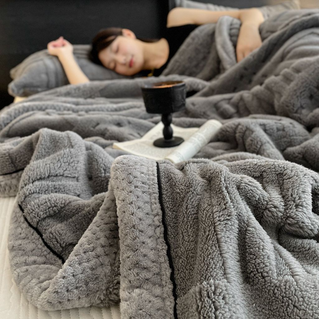 European Union Fur Wool Blanket | 3D Embossed Checkered Plus Design | 230*200cm (1.6kg) | Dark Gray