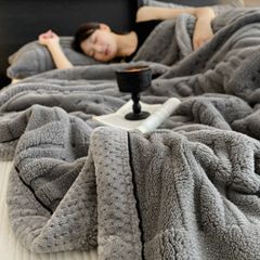 European Union Fur Wool Blanket | 3D Embossed Checkered Plus Design | 230*200cm (1.6kg) | Dark Gray