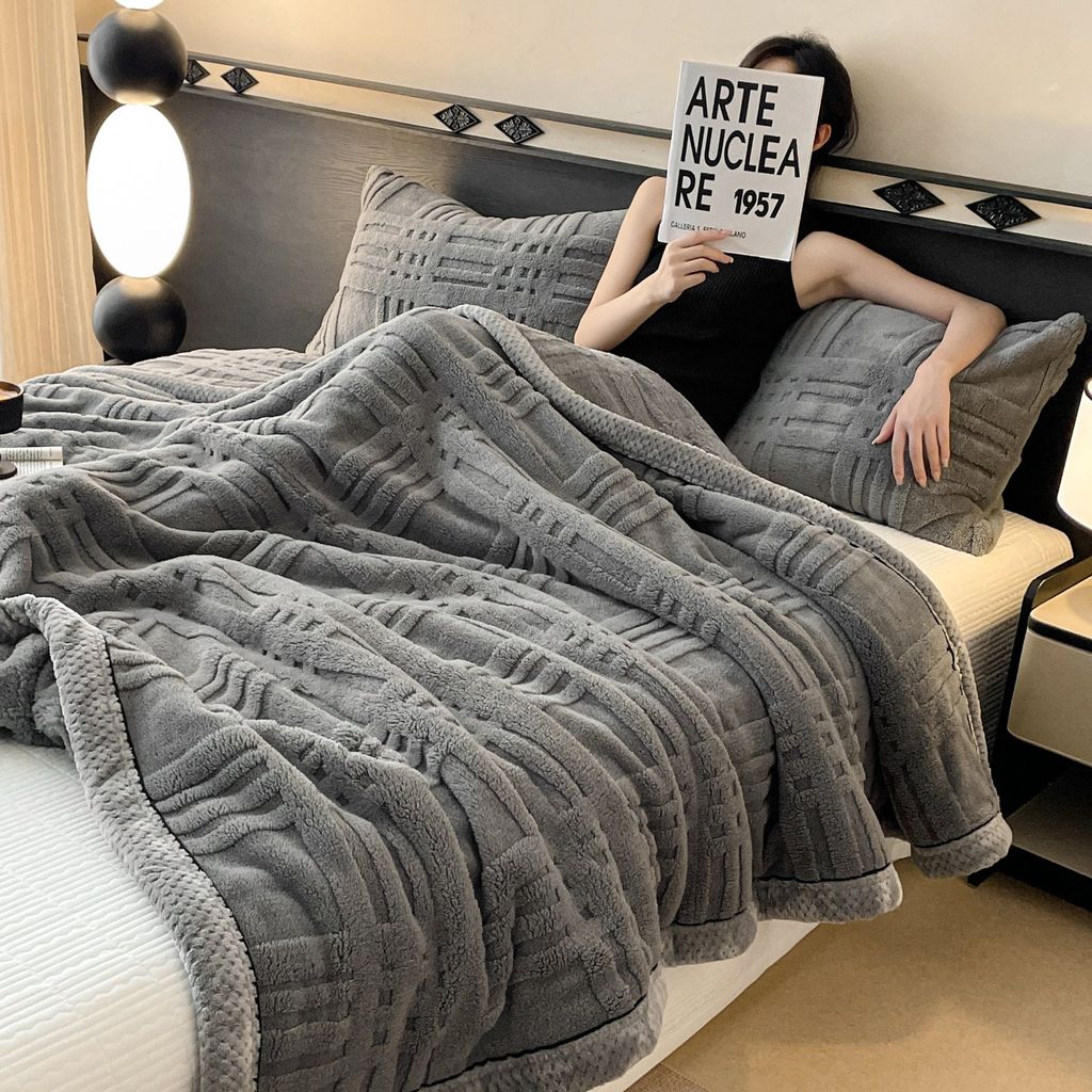 European Union Fur Wool Blanket | 3D Embossed Checkered Plus Design | 230*200cm (1.6kg) | Dark Gray