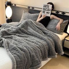 European Union Fur Wool Blanket | 3D Embossed Checkered Plus Design | 230*200cm (1.6kg) | Dark Gray