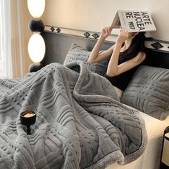 European Union Fur Wool Blanket | 3D Embossed Checkered Plus Design | 230*200cm (1.6kg) | Dark Gray
