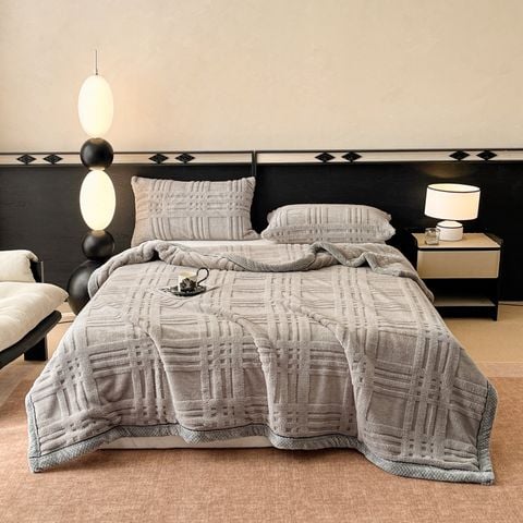 European Union Fur Wool Blanket | 3D Embossed Checkered Plus Design | 230*200cm (1.6kg) | Gray Light