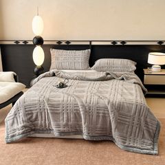 European Union Fur Wool Blanket | 3D Embossed Checkered Plus Design | 230*200cm (1.6kg) | Gray Light