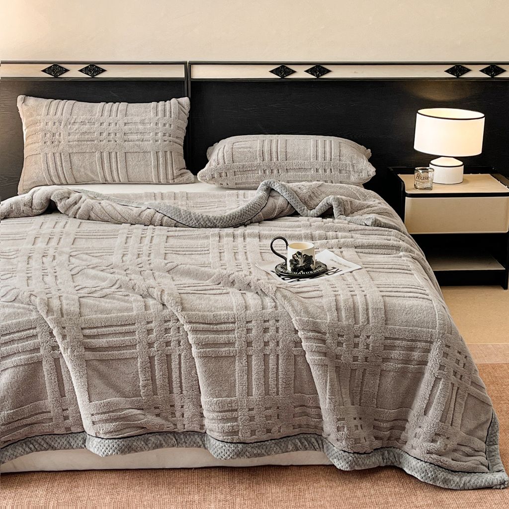 European Union Fur Wool Blanket | 3D Embossed Checkered Plus Design | 230*200cm (1.6kg) | Gray Light