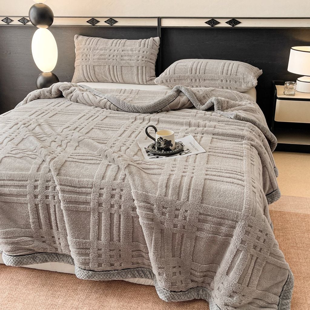 European Union Fur Wool Blanket | 3D Embossed Checkered Plus Design | 230*200cm (1.6kg) | Gray Light