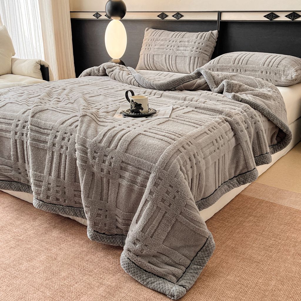 European Union Fur Wool Blanket | 3D Embossed Checkered Plus Design | 230*200cm (1.6kg) | Gray Light