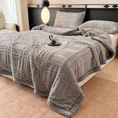 European Union Fur Wool Blanket | 3D Embossed Checkered Plus Design | 230*200cm (1.6kg) | Gray Light