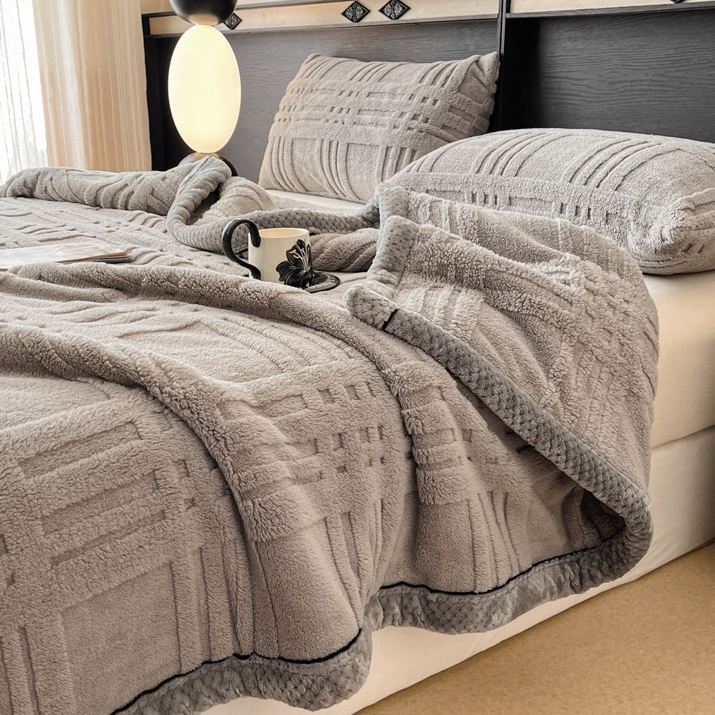 European Union Fur Wool Blanket | 3D Embossed Checkered Plus Design | 230*200cm (1.6kg) | Gray Light