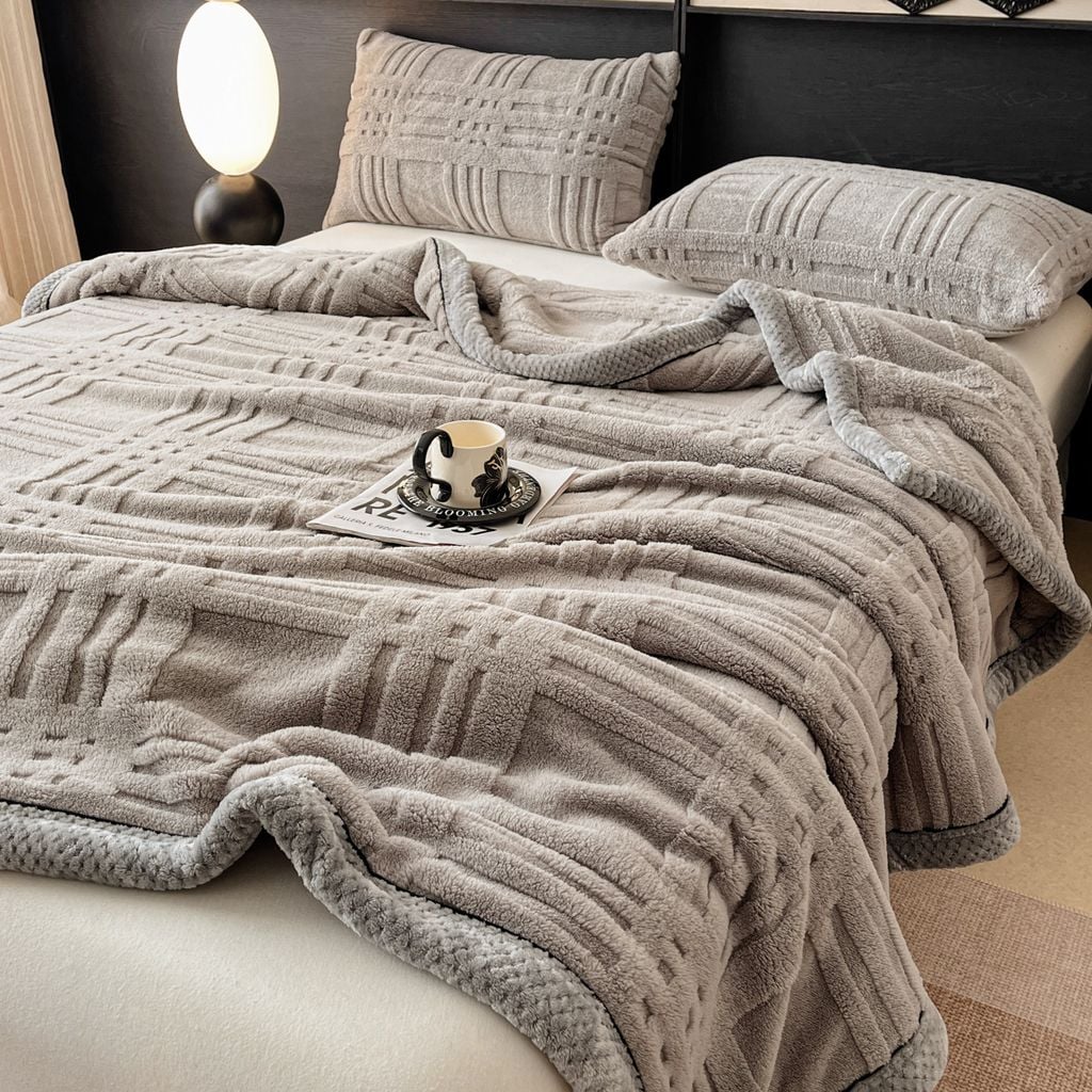 European Union Fur Wool Blanket | 3D Embossed Checkered Plus Design | 230*200cm (1.6kg) | Gray Light