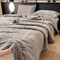 European Union Fur Wool Blanket | 3D Embossed Checkered Plus Design | 230*200cm (1.6kg) | Gray Light