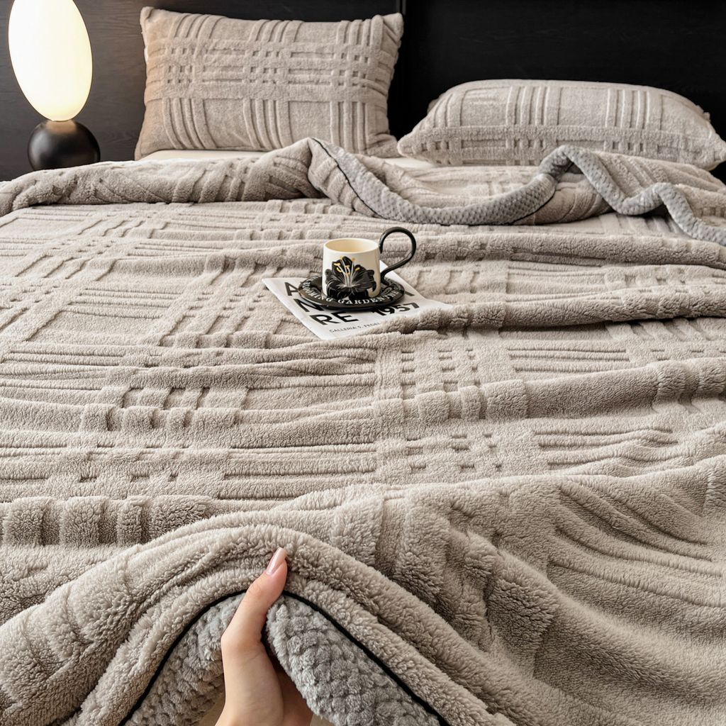 European Union Fur Wool Blanket | 3D Embossed Checkered Plus Design | 230*200cm (1.6kg) | Gray Light