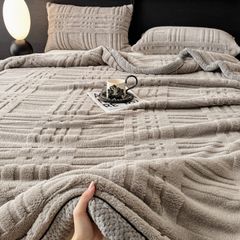 European Union Fur Wool Blanket | 3D Embossed Checkered Plus Design | 230*200cm (1.6kg) | Gray Light