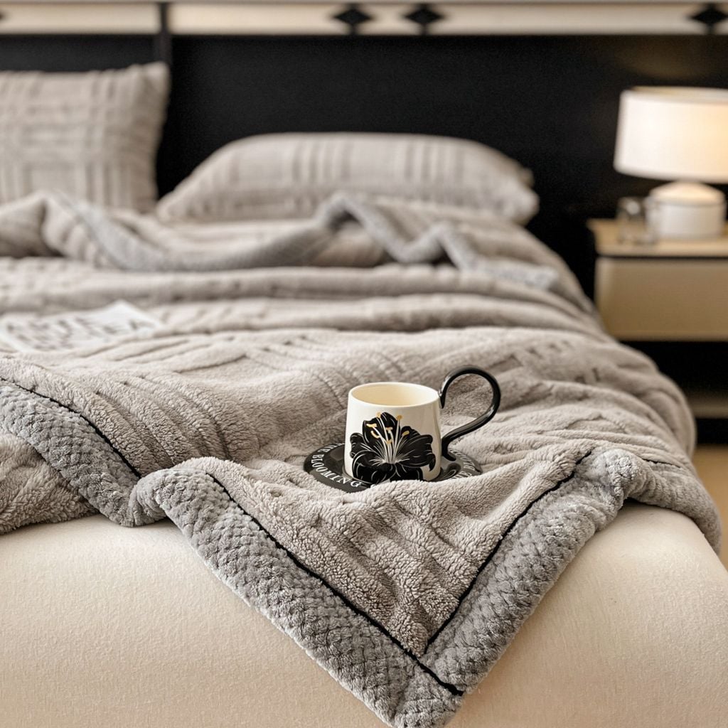 European Union Fur Wool Blanket | 3D Embossed Checkered Plus Design | 230*200cm (1.6kg) | Gray Light