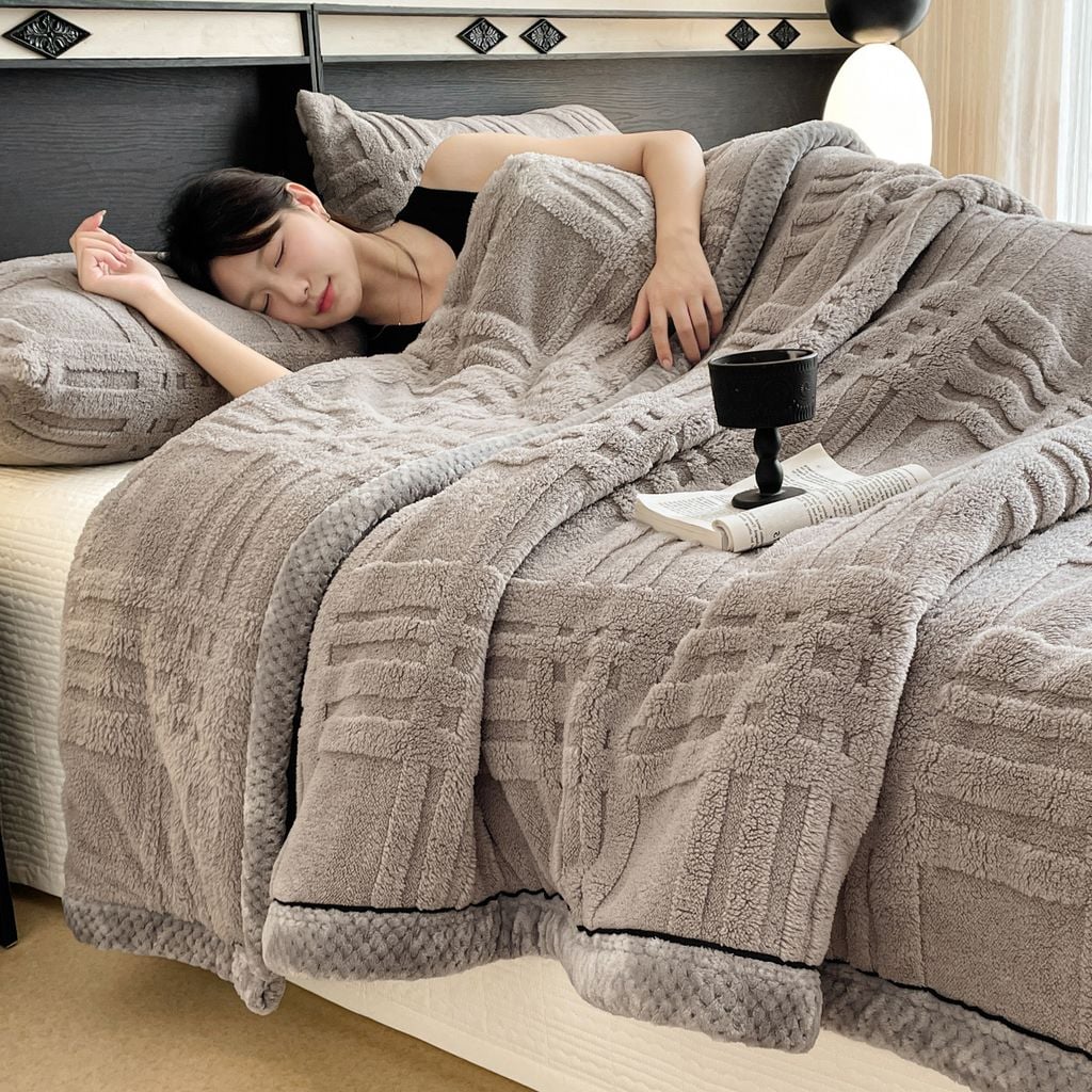 European Union Fur Wool Blanket | 3D Embossed Checkered Plus Design | 230*200cm (1.6kg) | Gray Light