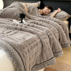 European Union Fur Wool Blanket | 3D Embossed Checkered Plus Design | 230*200cm (1.6kg) | Gray Light