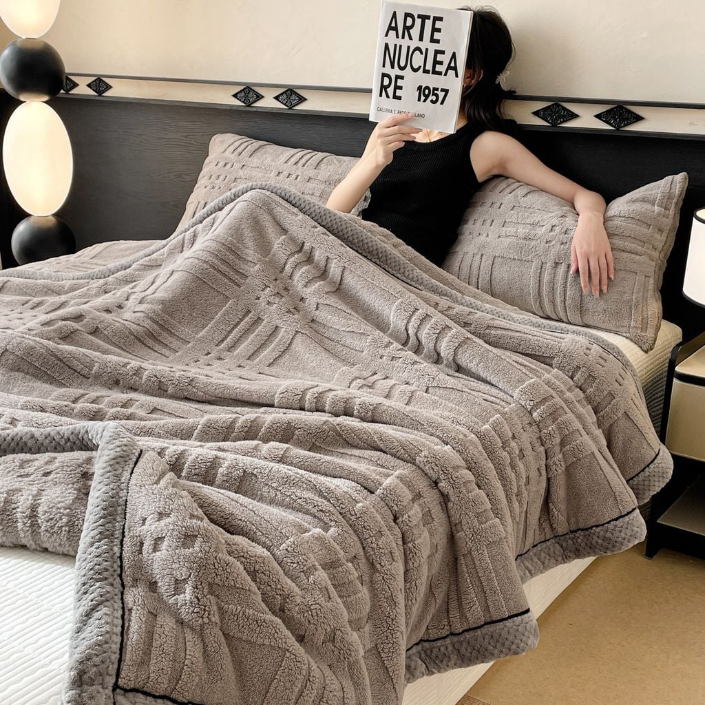 European Union Fur Wool Blanket | 3D Embossed Checkered Plus Design | 230*200cm (1.6kg) | Gray Light