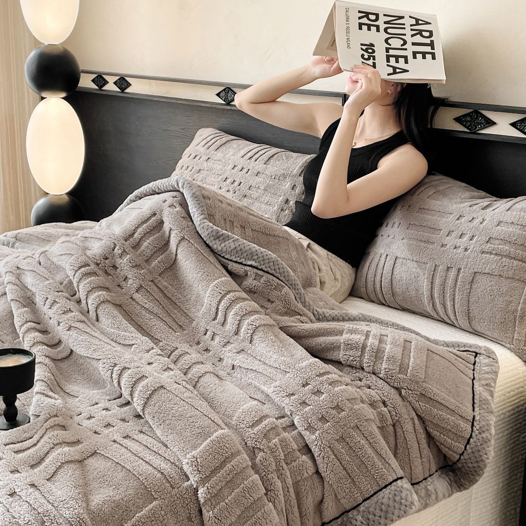European Union Fur Wool Blanket | 3D Embossed Checkered Plus Design | 230*200cm (1.6kg) | Gray Light