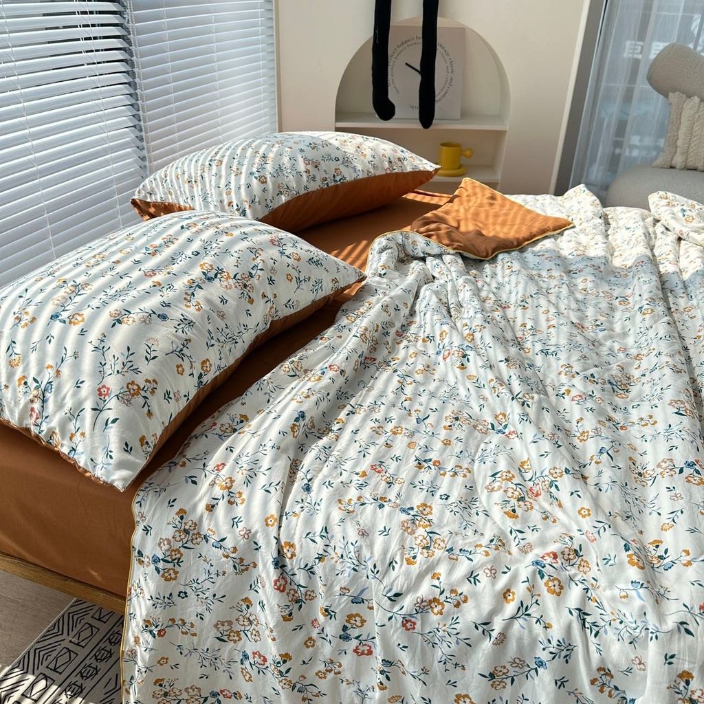 Bộ Chăn Ga Cotton Linen MARK HOME hoa nhí cam