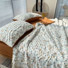 Bộ Chăn Ga Cotton Linen MARK HOME hoa nhí cam
