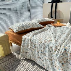 Bộ Chăn Ga Cotton Linen MARK HOME hoa nhí cam