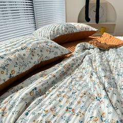 Bộ Chăn Ga Cotton Linen MARK HOME hoa nhí cam
