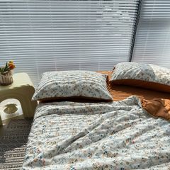 Bộ Chăn Ga Cotton Linen MARK HOME hoa nhí cam