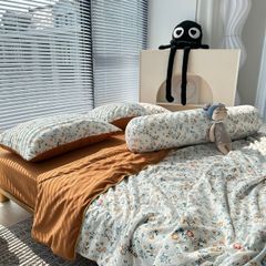 Bộ Chăn Ga Cotton Linen MARK HOME hoa nhí cam