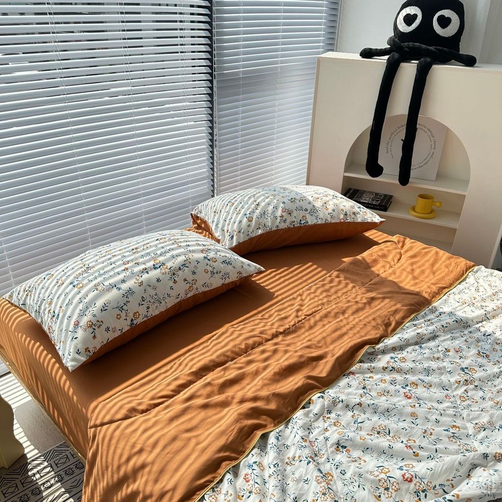Bộ Chăn Ga Cotton Linen MARK HOME hoa nhí cam