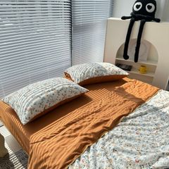Bộ Chăn Ga Cotton Linen MARK HOME hoa nhí cam