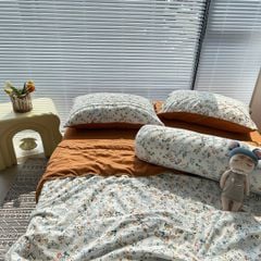 Bộ Chăn Ga Cotton Linen MARK HOME hoa nhí cam