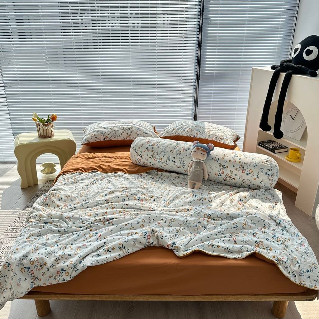 Bộ Chăn Ga Cotton Linen MARK HOME hoa nhí cam