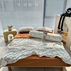 Bộ Chăn Ga Cotton Linen MARK HOME hoa nhí cam