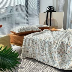 Bộ Chăn Ga Cotton Linen MARK HOME hoa nhí cam