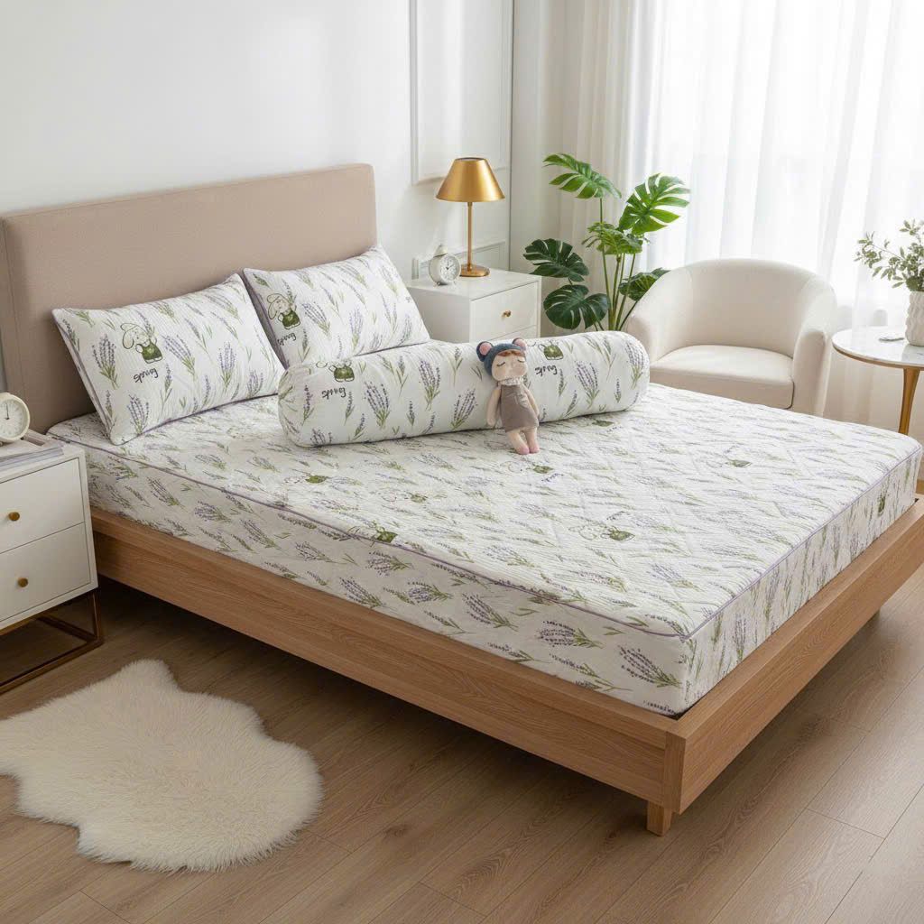 Set Ga Gối Đũi Chần Hàn Quốc Nệm Bọc Chun | 4Pcs Quilted Bed Sheet Linen Korea Degin