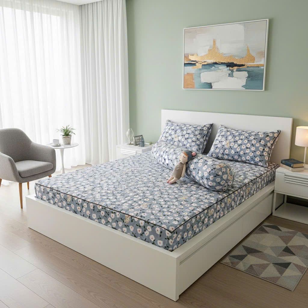 Set Ga Gối Đũi Chần Hàn Quốc Nệm Bọc Chun | 4Pcs Quilted Bed Sheet Linen Korea Degin