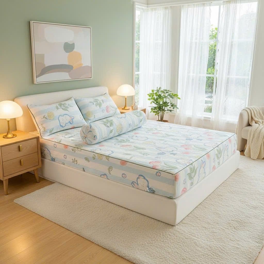 Set Ga Gối Đũi Chần Hàn Quốc Nệm Bọc Chun | 4Pcs Quilted Bed Sheet Linen Korea Degin