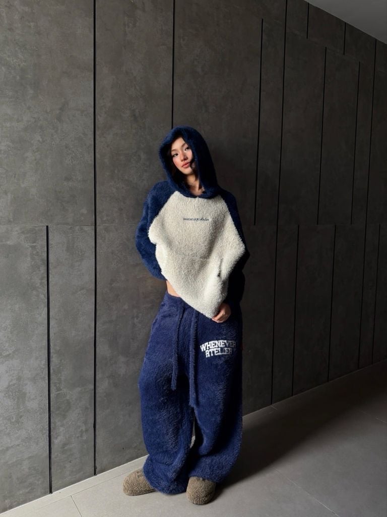 “WHENEVER” COZY FOX RAGLAN HOODIE / GREY NAVY