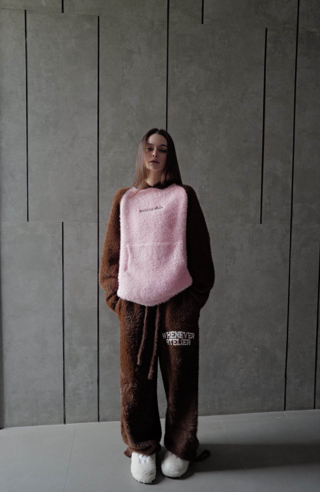 “WHENEVER” COZY FOX RAGLAN HOODIE / PINK BROWN