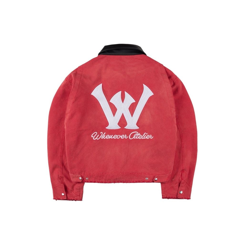 "WHENEVER" LEATHER-COLLAR DENIM JACKET / RED