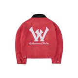 "WHENEVER" LEATHER-COLLAR DENIM JACKET / RED