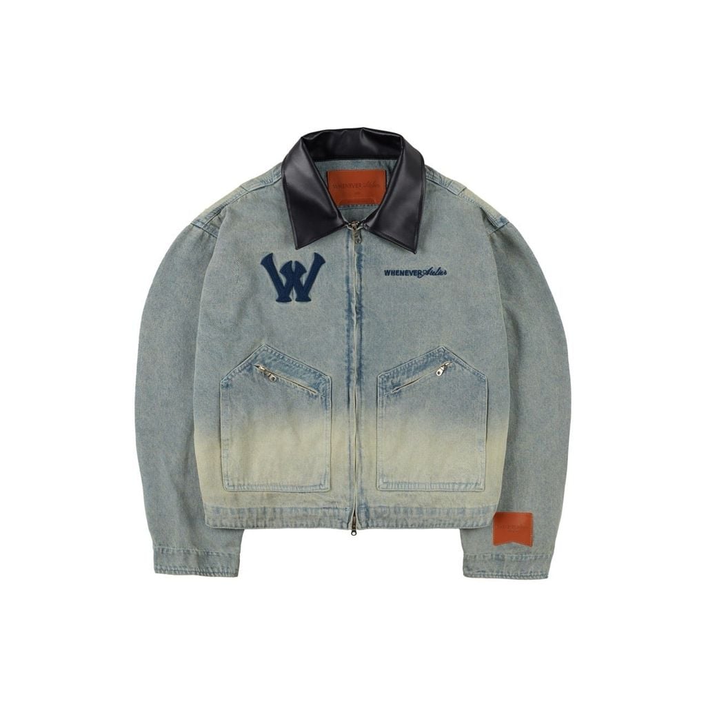 "WHENEVER" LEATHER-COLLAR DENIM JACKET / WASH BLUE