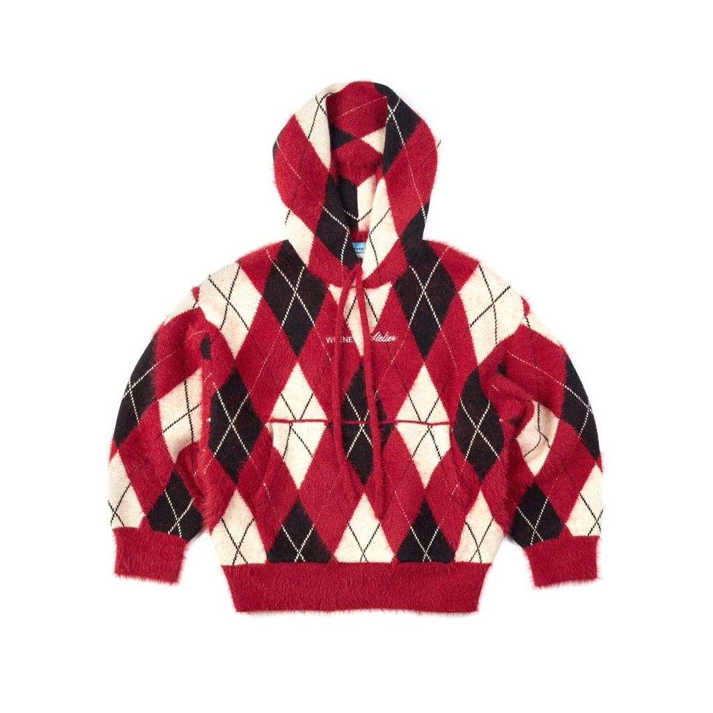 “WHENEVER” COZY PLAID KNIT HOODIE / RED